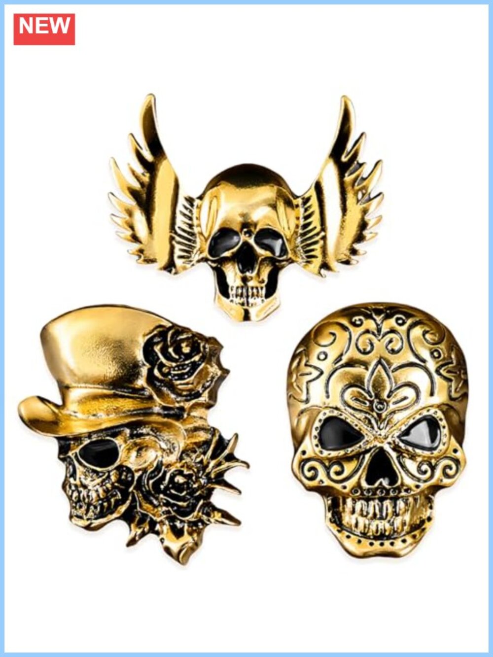 Skull Brooch Set 3pc Zinc Alloy Gothic Lapel Pins Unisex Costume Jewelry